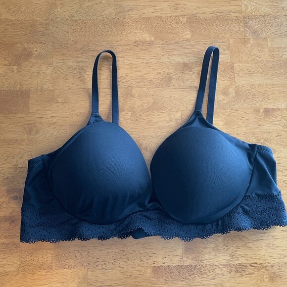 Size XL Cuddle Duds black wireless padded t-shirt bra with lace - Picture 1 of 8